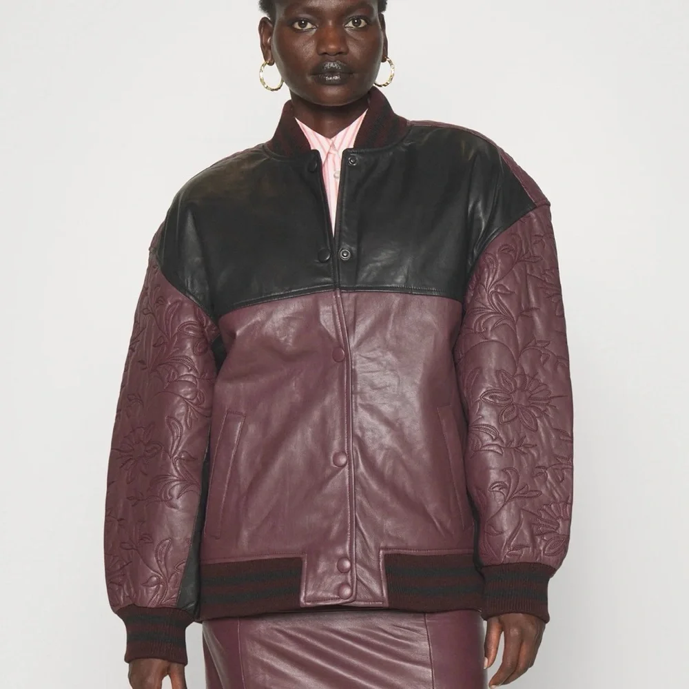 Scandinavian design Genuine leather Burgundy and Black bomber Leather Jacket 6